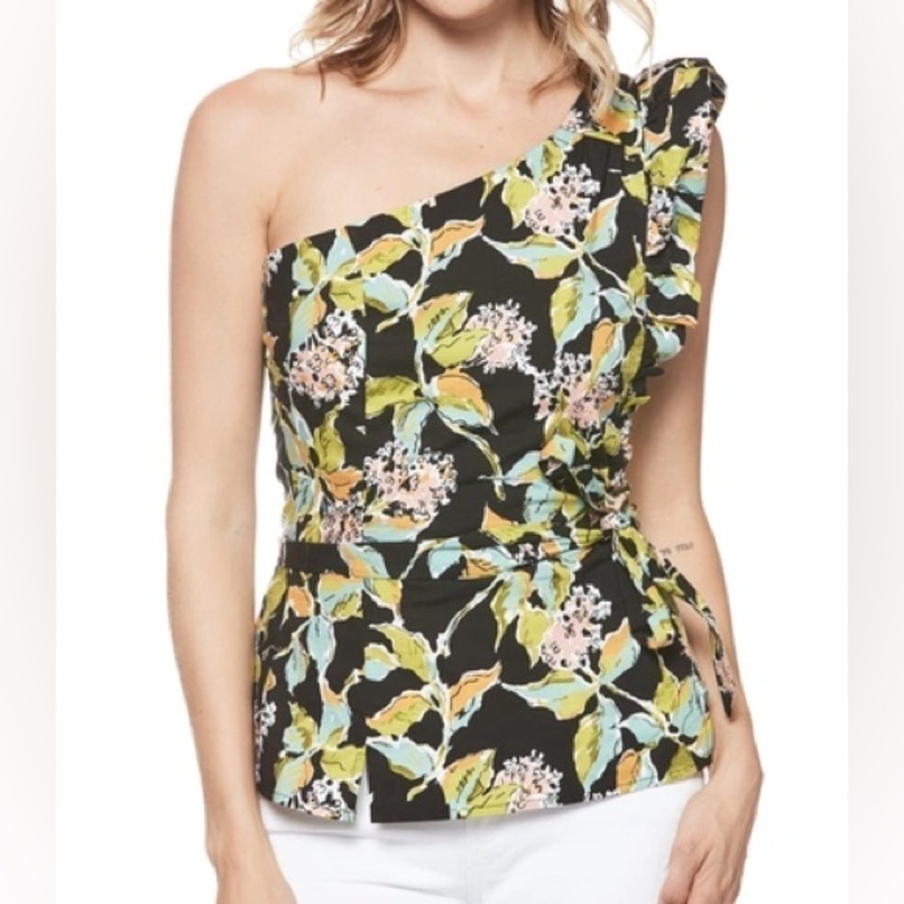 PAIGE Cantina One Shoulder Ruffle Top Black Multi Kona Floral Size Small Tie